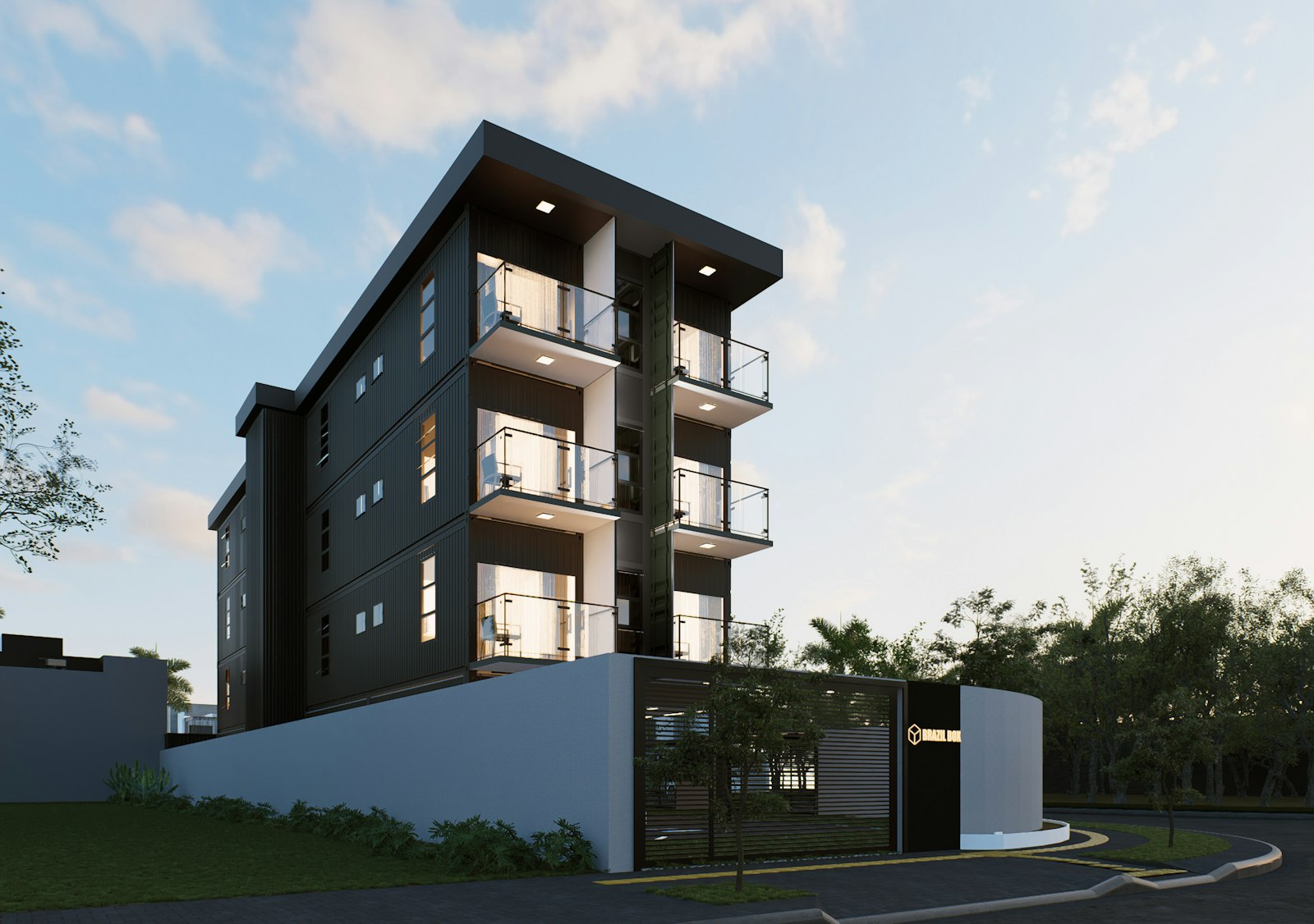 Fachada de un edificio residencial moderno con balcones y grandes ventanales