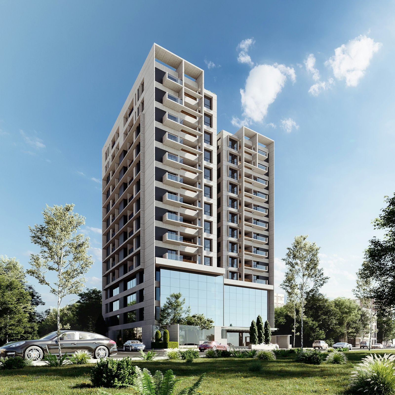 Torre residencial moderna con fachada de cristal y balcones